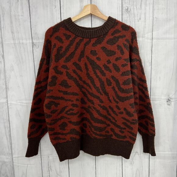 Ave & Viv 1X Brown Knit Tiger Stripe Fuzzy Sweater Pullover - Picture 1 of 9